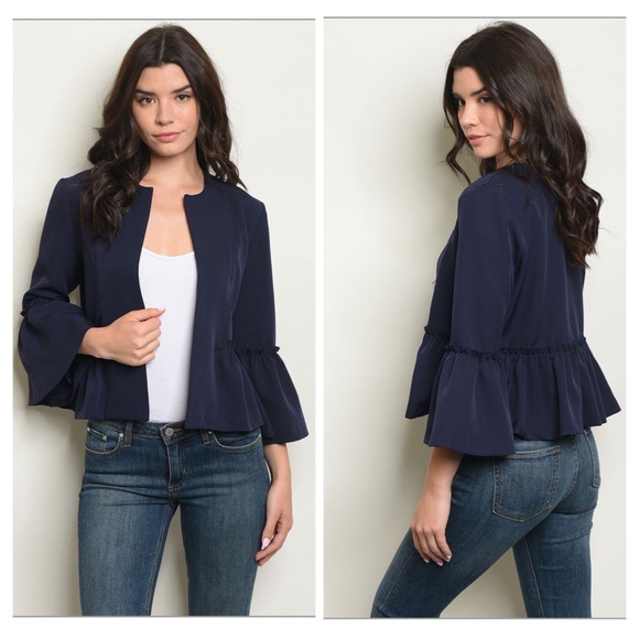 Navy Open Front Ruffle Blazer - Picture 1 of 3